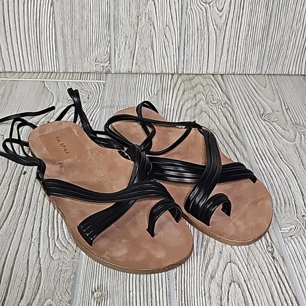 Via Spiga Allegra Ankle Wrap Black Leather Sandals Womens Size 6.5 New